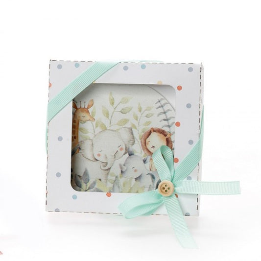 Μπομπονιέρα βάπτισης ξύλινο σουβέρ σε χάρτινο κουτάκι με σχέδιο ζωάκια Model: ΣΡΒ-314