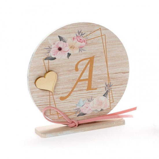 Μπομπονιέρα βάπτισης ξύλινο στρογγυλό καδράκι με βάση σχέδιο μονόγραμμα Model:ΚΒΤ-351