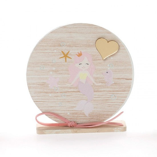 Μπομπονιέρα βάπτισης ξύλινο στρογγυλό καδράκι με βάση σχέδιο γοργόνα Model:ΚΒΤ-355