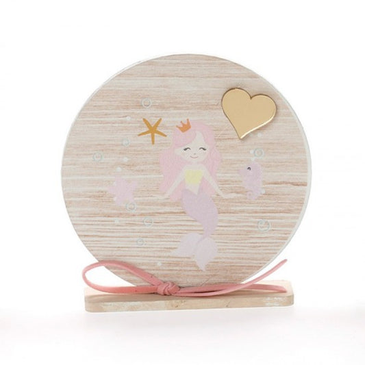 Μπομπονιέρα βάπτισης ξύλινο στρογγυλό καδράκι με βάση σχέδιο γοργόνα Model:ΚΒΤ-355