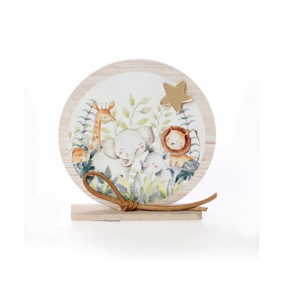 Μπομπονιέρα βάπτισης ξύλινο στρογγυλό καδράκι με βάση σχέδιο ζωάκια της ζούγκλας Model:ΚΒΤ-360