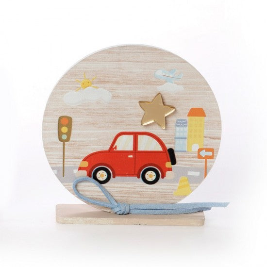 Μπομπονιέρα βάπτισης ξύλινο στρογγυλό καδράκι με βάση σχέδιο αυτοκινητάκι Model:ΚΒΤ-361