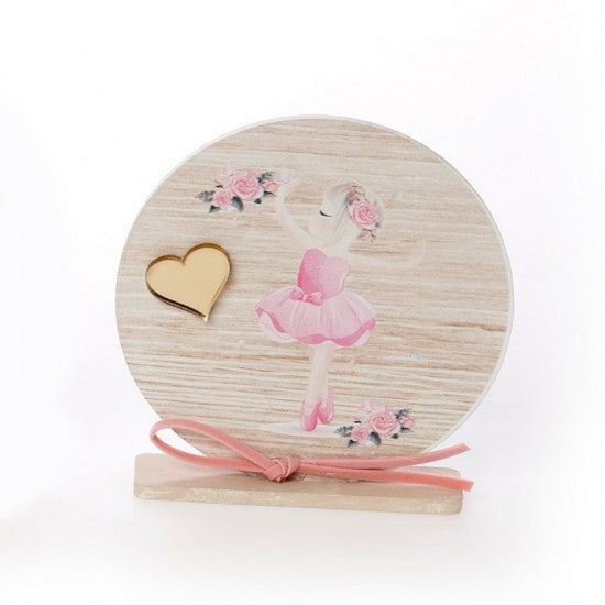 Μπομπονιέρα βάπτισης ξύλινο στρογγυλό καδράκι με βάση σχέδιο μπαλαρίνα Model:ΚΒΤ-362
