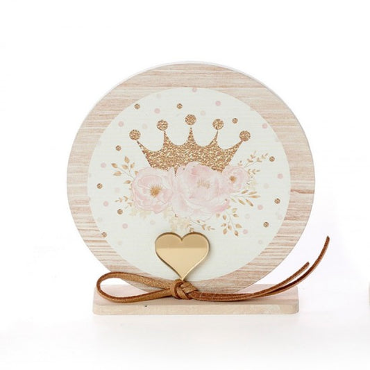 Μπομπονιέρα βάπτισης ξύλινο στρογγυλό καδράκι με βάση σχέδιο κορώνα Model:ΚΒΤ-363