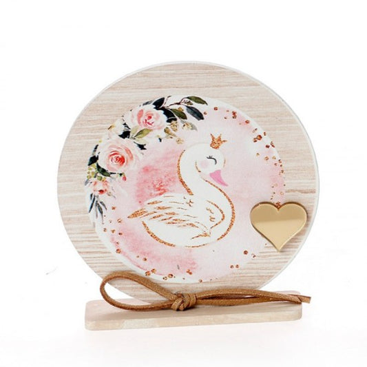 Μπομπονιέρα βάπτισης ξύλινο στρογγυλό καδράκι με βάση σχέδιο κύκνος Model:ΚΒΤ-365