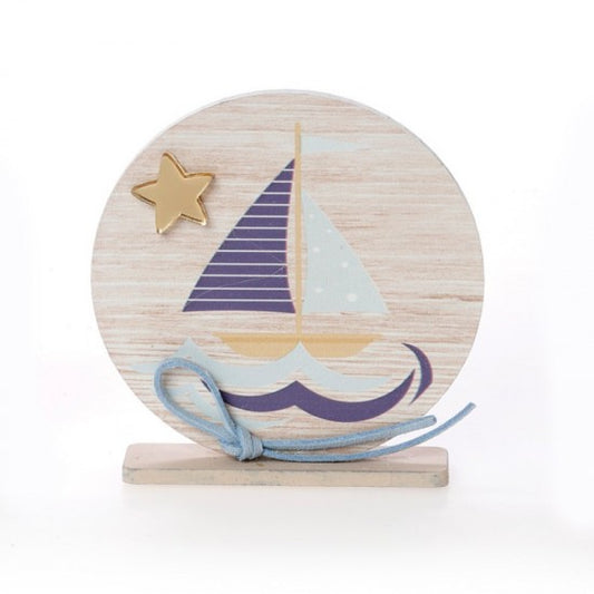 Μπομπονιέρα βάπτισης ξύλινο στρογγυλό καδράκι με βάση σχέδιο καραβάκι Model:ΚΒΤ-368