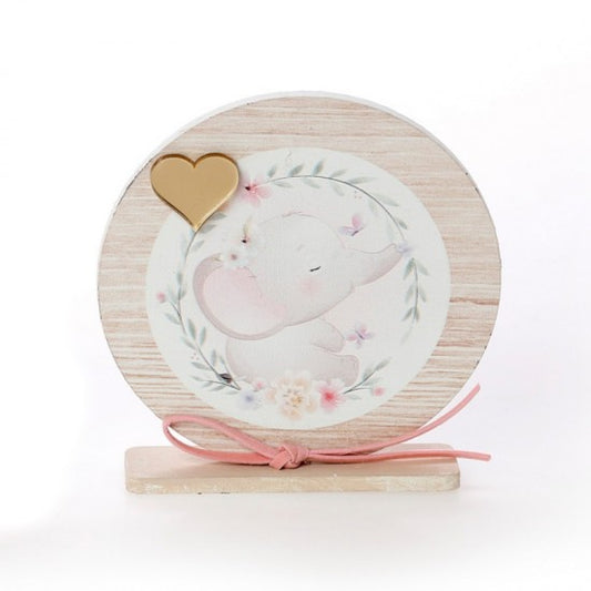 Μπομπονιέρα βάπτισης ξύλινο στρογγυλό καδράκι με βάση σχέδιο ελεφαντάκι Model:ΚΒΤ-369