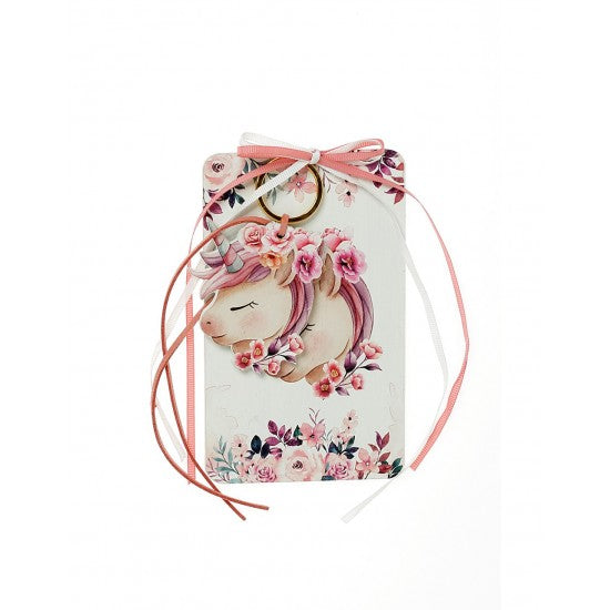 Μπομπονιέρα με ξύλινη πλάτη και μπρελόκ με σχέδιο μονόκερος Model:Η-4