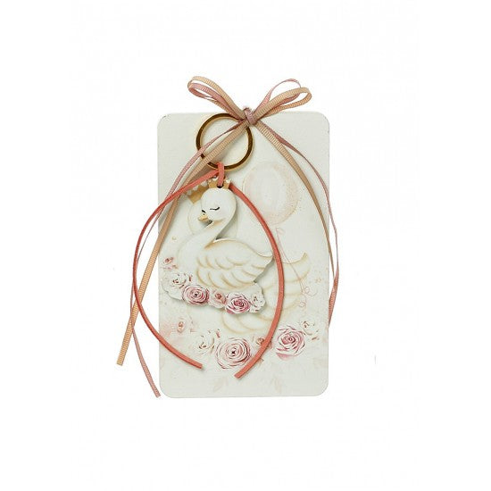 Μπομπονιέρα με ξύλινη πλάτη και μπρελόκ με σχέδιο κύκνος ροζ Model:Η-9