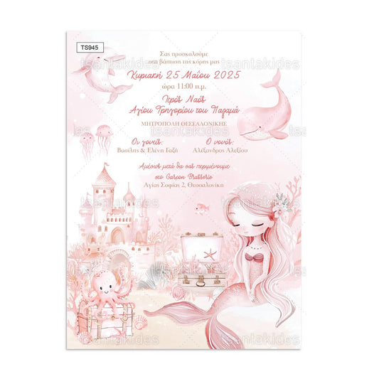 Προσκλητήριο Βάπτισης Pink Mermaid TS945